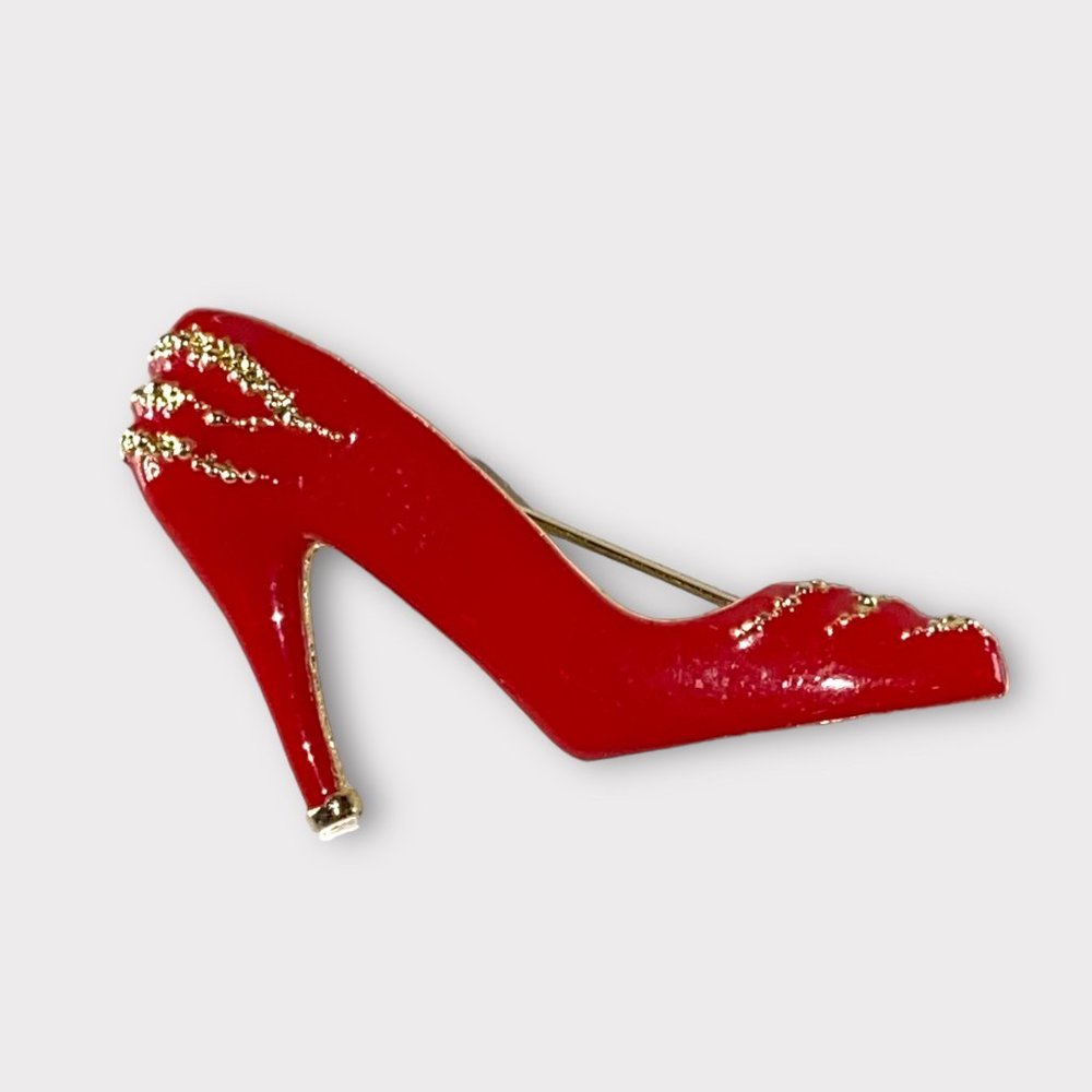 Bright Red Enamel on Gold Tone Metal Shoe Pump Brooch